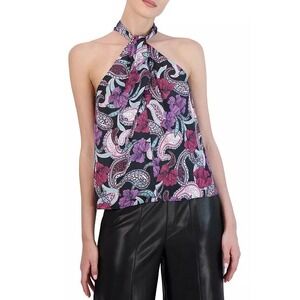 BCBGMAXAZRIA Womens XS Paisley Floral Halter Neck Tie Back Sleeveless Blouse Top